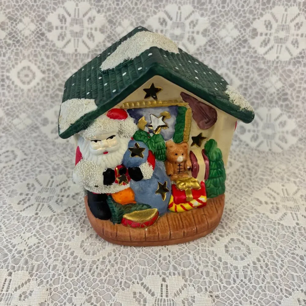 Vintage Christmas Santa House Tealight Candle Holder Ceramic Holiday Luminary